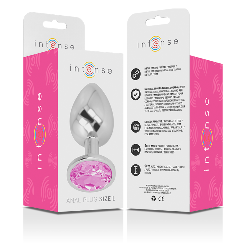 Intense aluminium analplugg med rosa kristall, storlek L