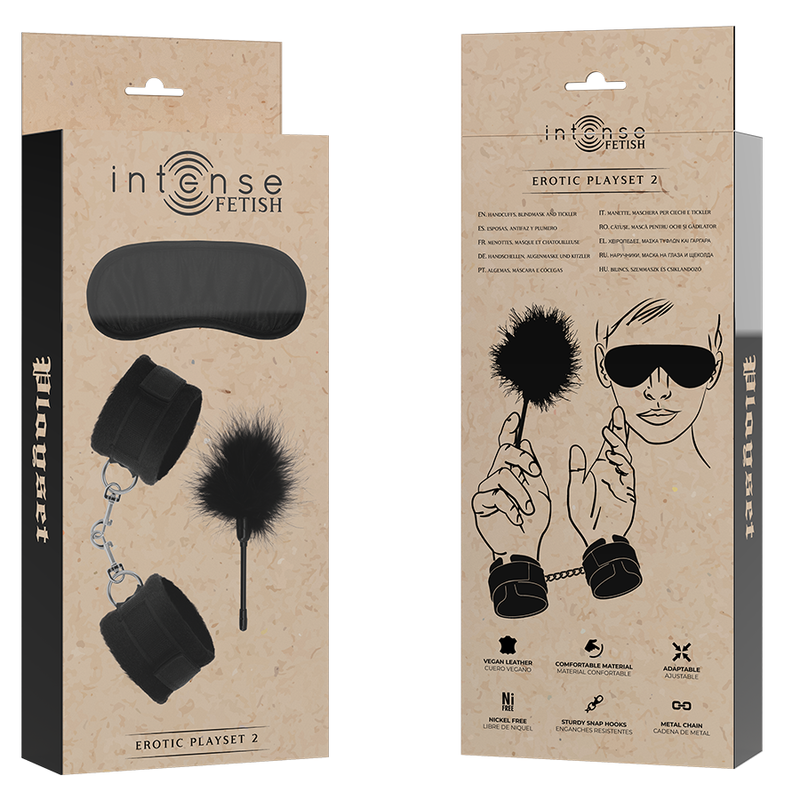 INTENSE - FETISH EROTIC PLAYSET 2 med handbojor, ögonbindel och fjäder