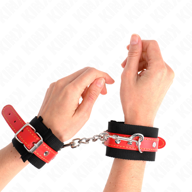 KINK - Nylonhandledsremmar svarta med läderimitation röd justerbara 19-24 cm x 5,5 cm