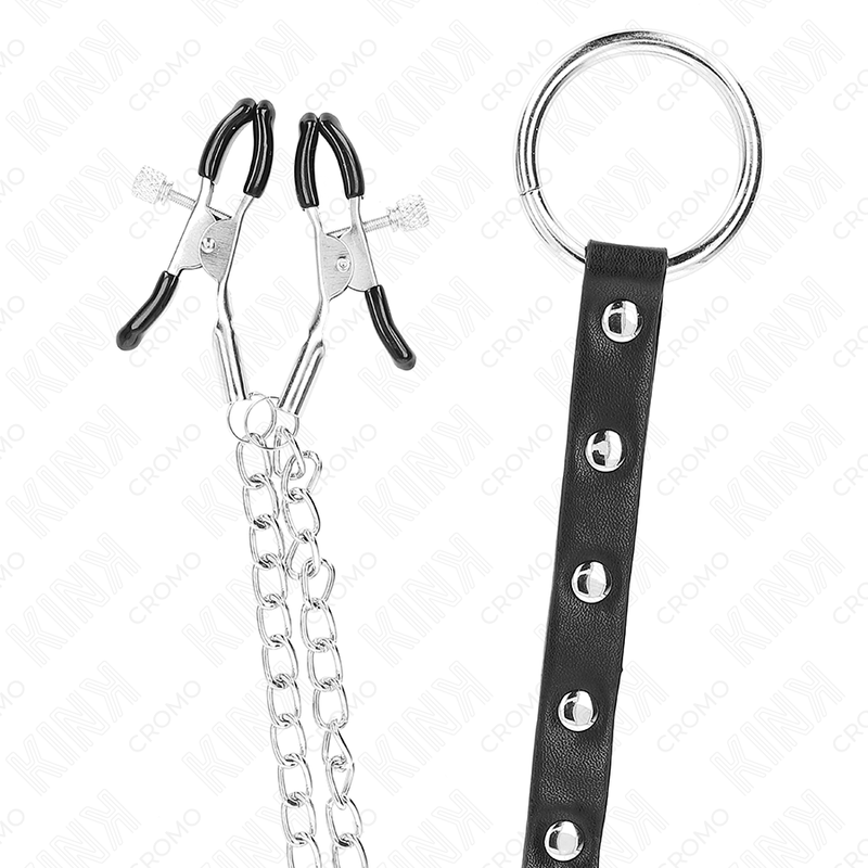 KINK metall penisring med kedja och justerbara nipple clamps