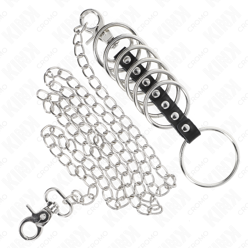 KINK - 7 Metall Penisringar 3.8 cm till 5 cm med Läder och Metallkedja 100 cm