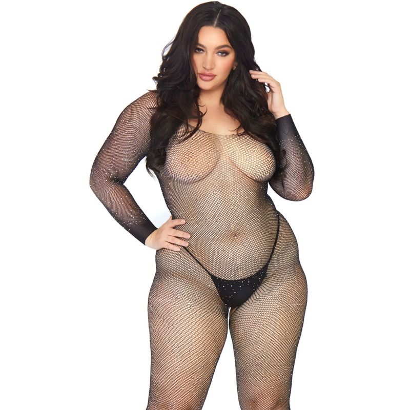 Crystalized fiskenäts bodystocking med långa ärmar
