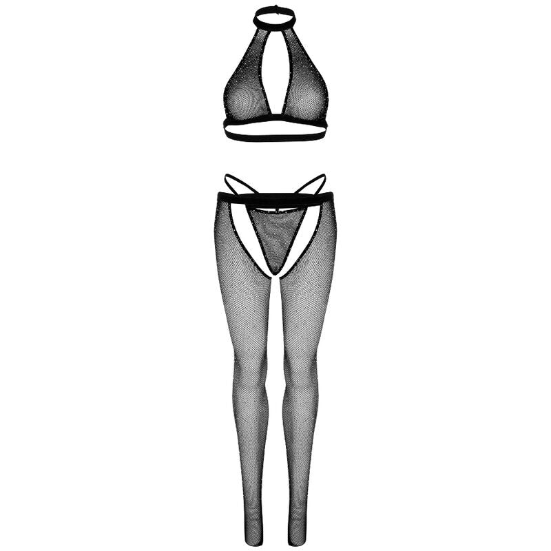 Rhinestone fishnet topp, g-string och strumpbyxor