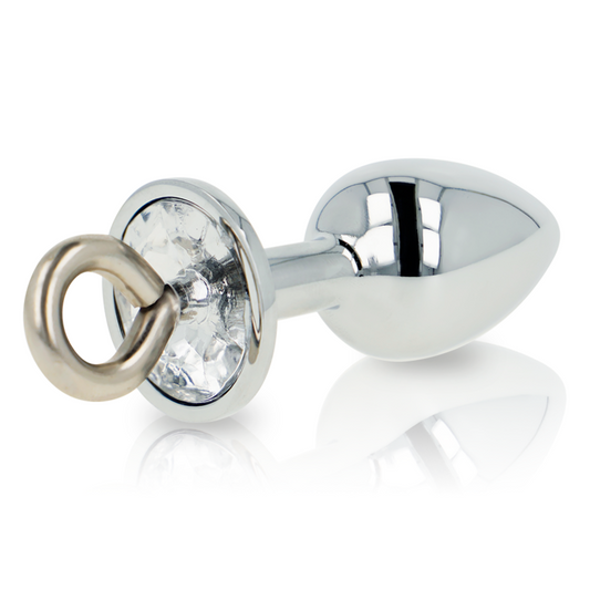 OHMAMA metall analplugg med transparent kristall och ring