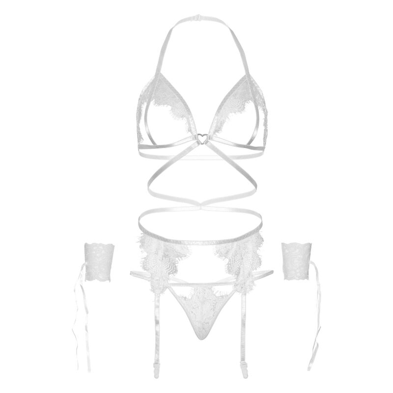 LEG AVENUE - SET MED FYRA DELAR BH, G-STRING, HÅLLARE & HANDBOJOR EN STORLEK - VIT