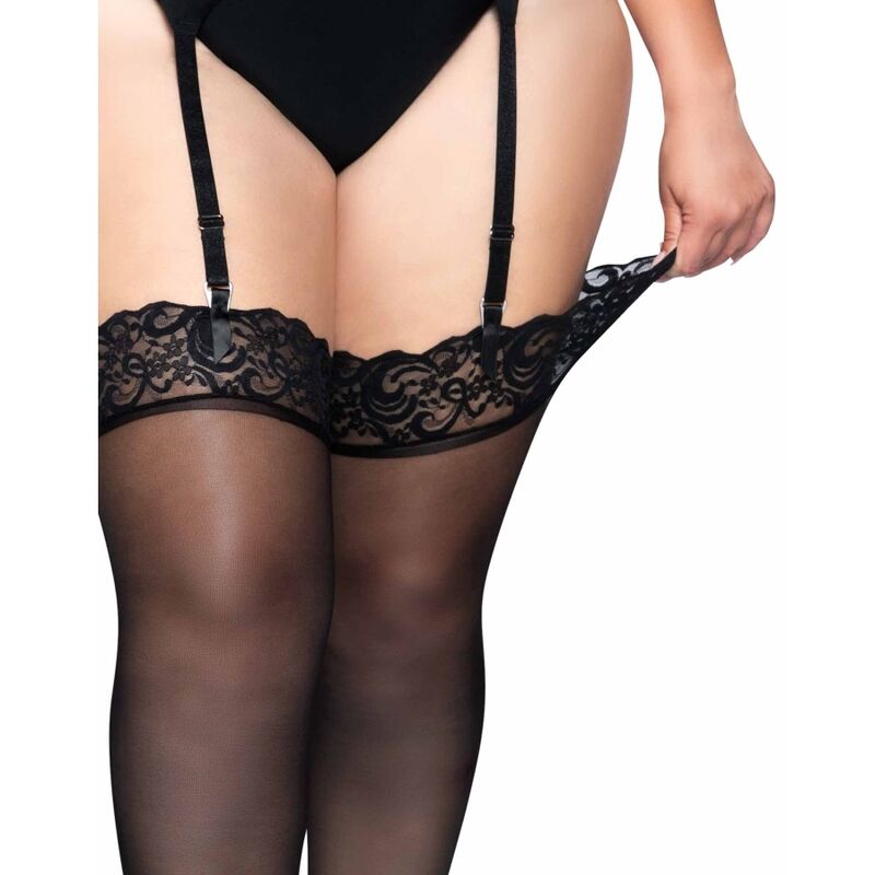 LEG AVENUE - OUTLET - Svarta nylonstrumpor med spetskant plus