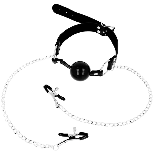 OHMAMA FETISH SVART BALL GAG MED BRÖSTVÅRTSKLAMMER