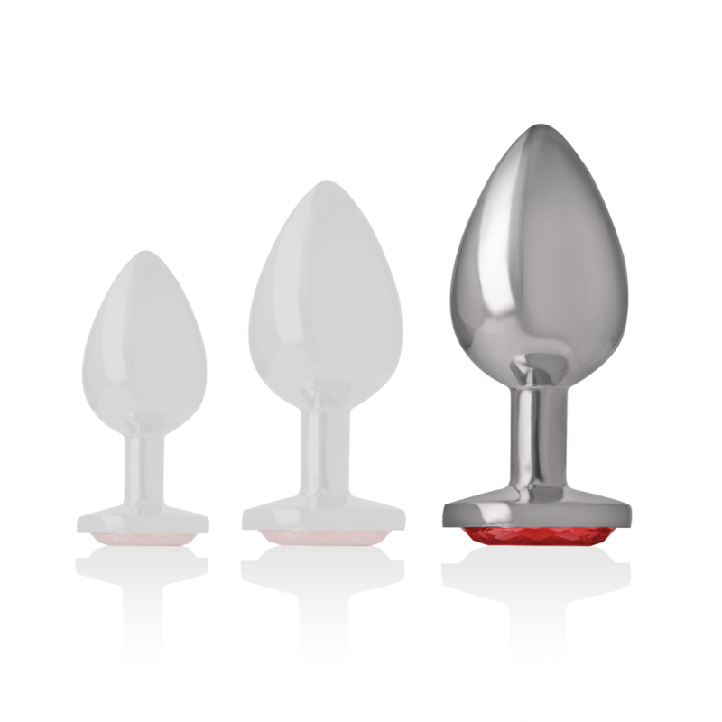 Intense aluminium analplugg med röd kristall, storlek L