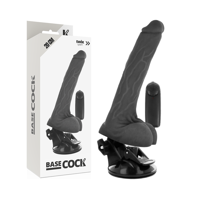 BASECOCK realistisk svart vibrator med fjärrkontroll och testiklar