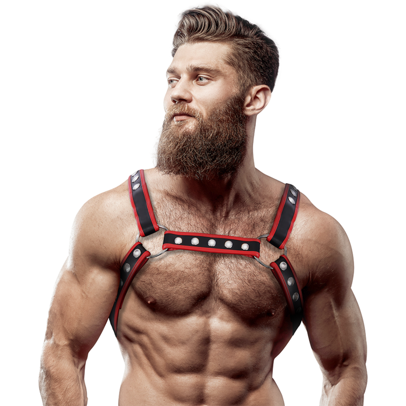 FETISH SUBMISSIVE ATTITUDE - MENS ECO-LEATHER set BULLDOG HARNESS BLACK/RED