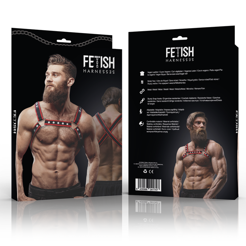 FETISH SUBMISSIVE ATTITUDE - MENS ECO-LEATHER set BULLDOG HARNESS BLACK/RED