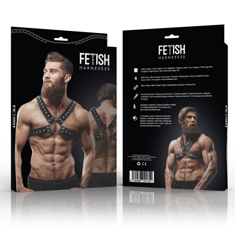 FETISH SUBMISSIVE ATTITUDE - MENS CROSS-OVER EKO-LÄDER BRÖSTHARNES MED NITAR