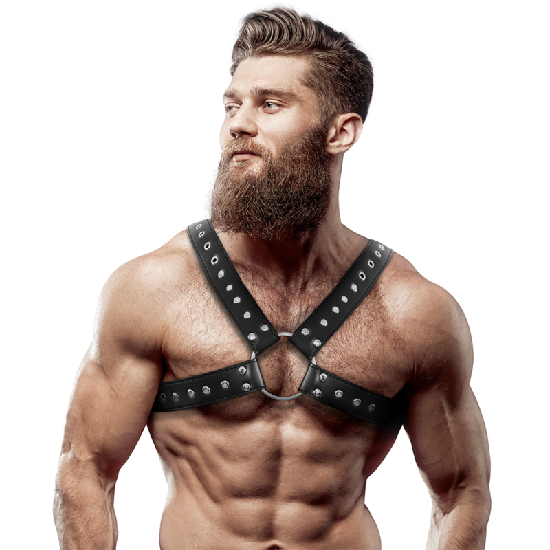 FETISH SUBMISSIVE ATTITUDE - MENS CROSS-OVER EKO-LÄDER BRÖSTHARNES MED NITAR