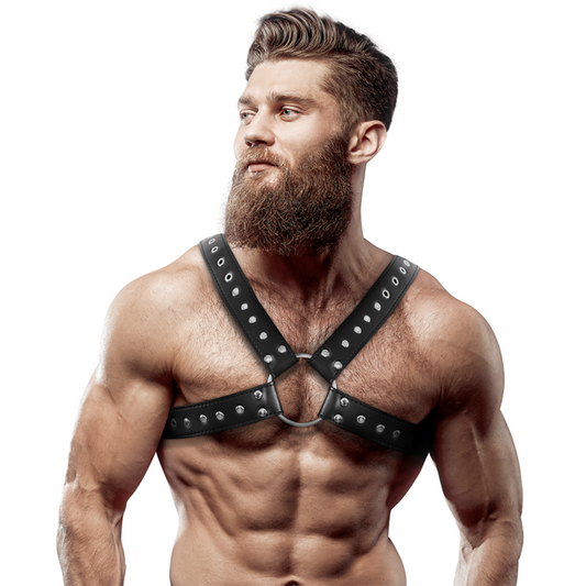 FETISH SUBMISSIVE ATTITUDE - MENS CROSS-OVER EKO-LÄDER BRÖSTHARNES MED NITAR