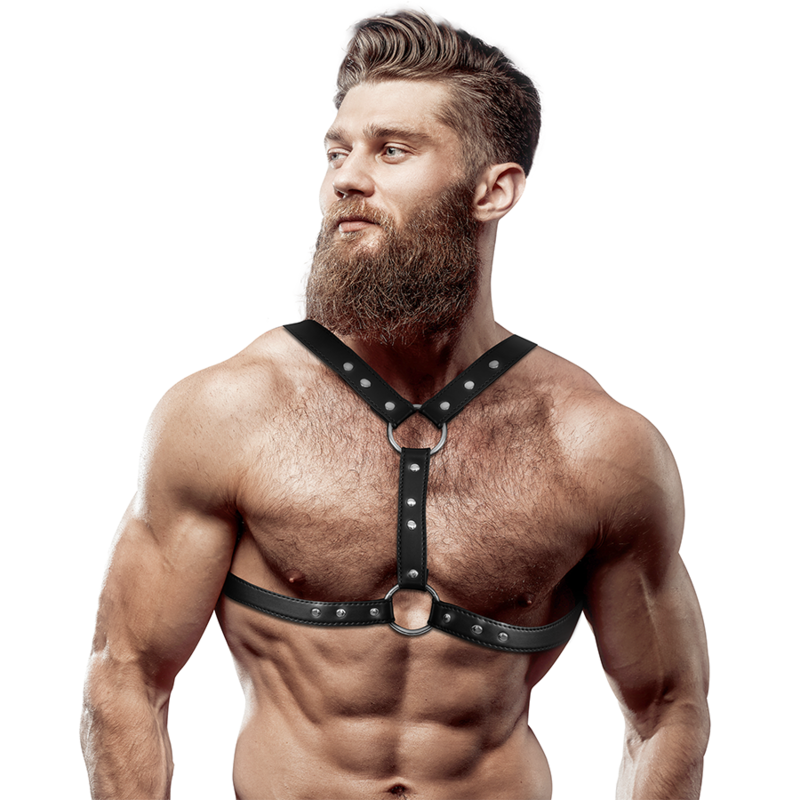 FETISH SUBMISSIVE ATTITUDE - ECO-LEATHER BRÖSTHARNES MED DUBBEL STÖD OCH NITAR FÖR MÄN