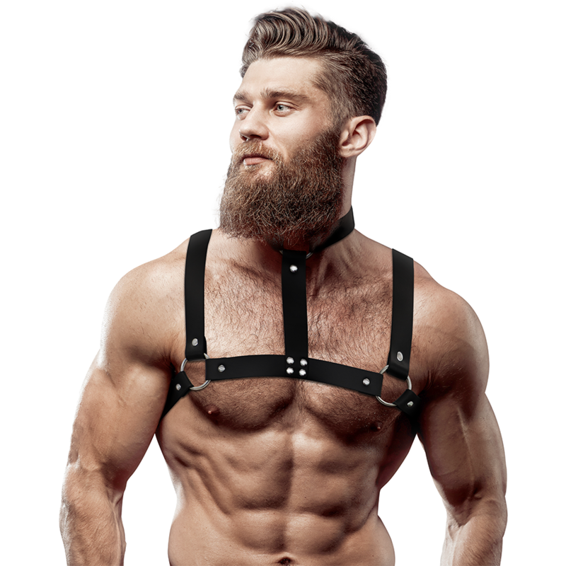 FETISH SUBMISSIVE ATTITUDE - JUSTERBAR EKOLÄDER BRÖSTHARNES MED HALSBAND FÖR MÄN