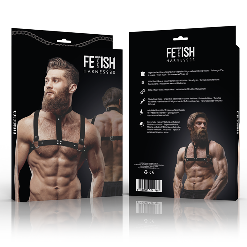 FETISH SUBMISSIVE ATTITUDE - JUSTERBAR EKOLÄDER BRÖSTHARNES MED HALSBAND FÖR MÄN