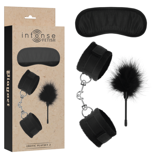 INTENSE - FETISH EROTIC PLAYSET 2 med handbojor, ögonbindel och fjäder