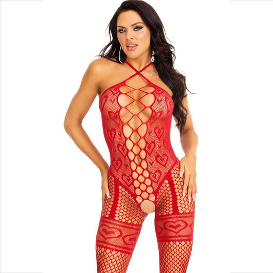 Bodystocking med halterneck och hjärtan i röd färg