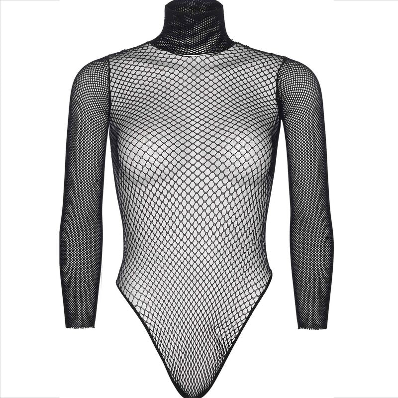 Svart fishnet teddy med hög hals och långa ärmar