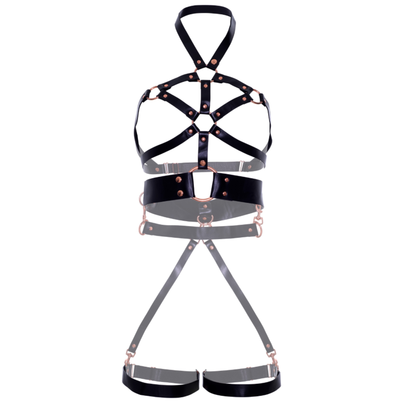 Vegansk läder body harness med O-ring detaljer i svart