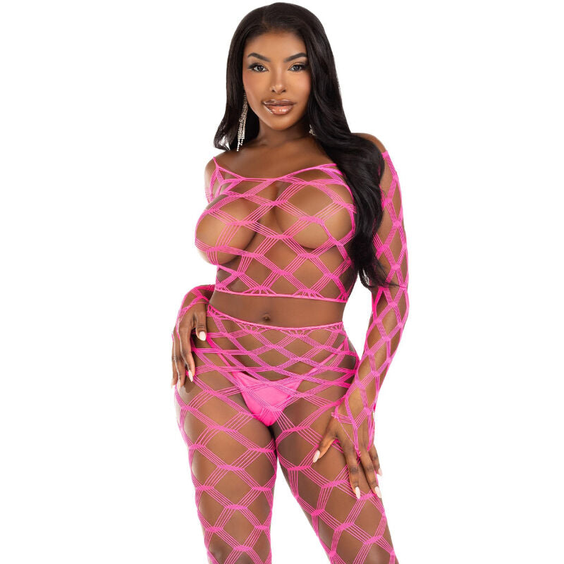 Hardcore nätcrop-top och fotlösa strumpor i fuchsia