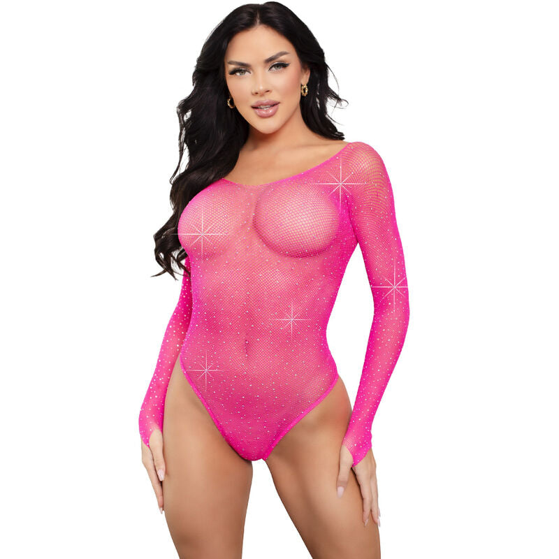 Långärmad bodysuit i fuchsia med rhinestones