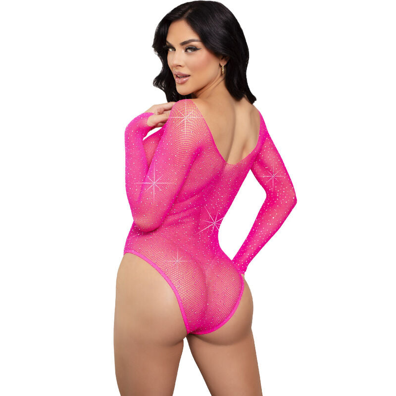 Långärmad bodysuit i fuchsia med rhinestones