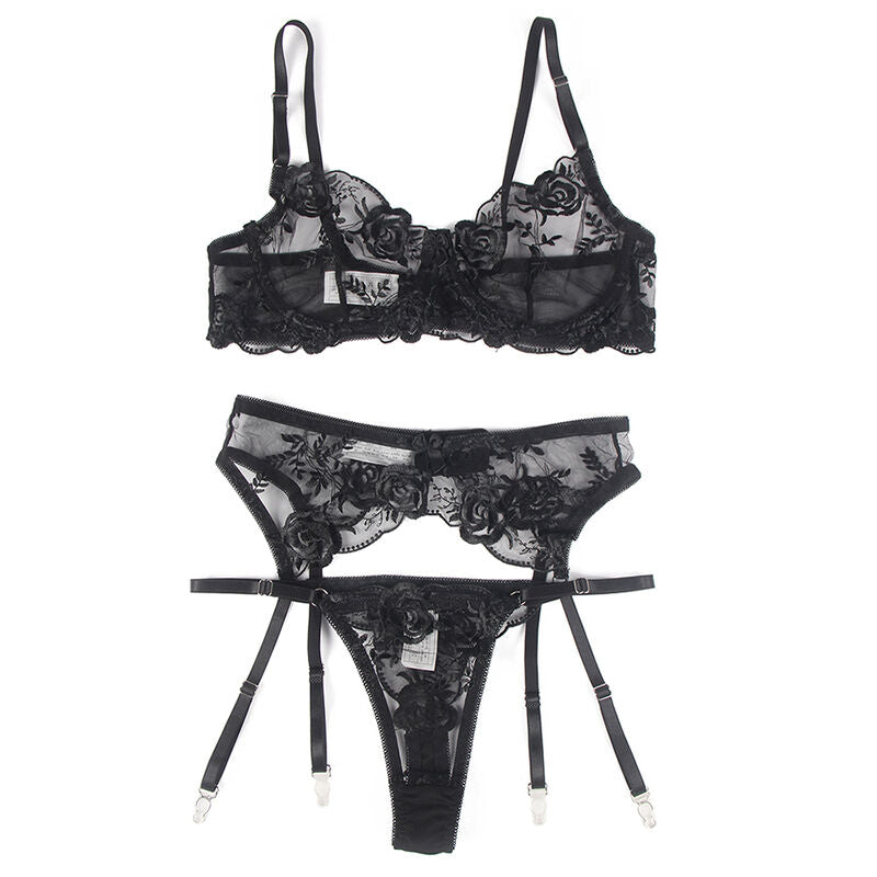 SUBBLIME - Set med 3 delar BH + Trosa + Strumpband Blommönster Svart S/M