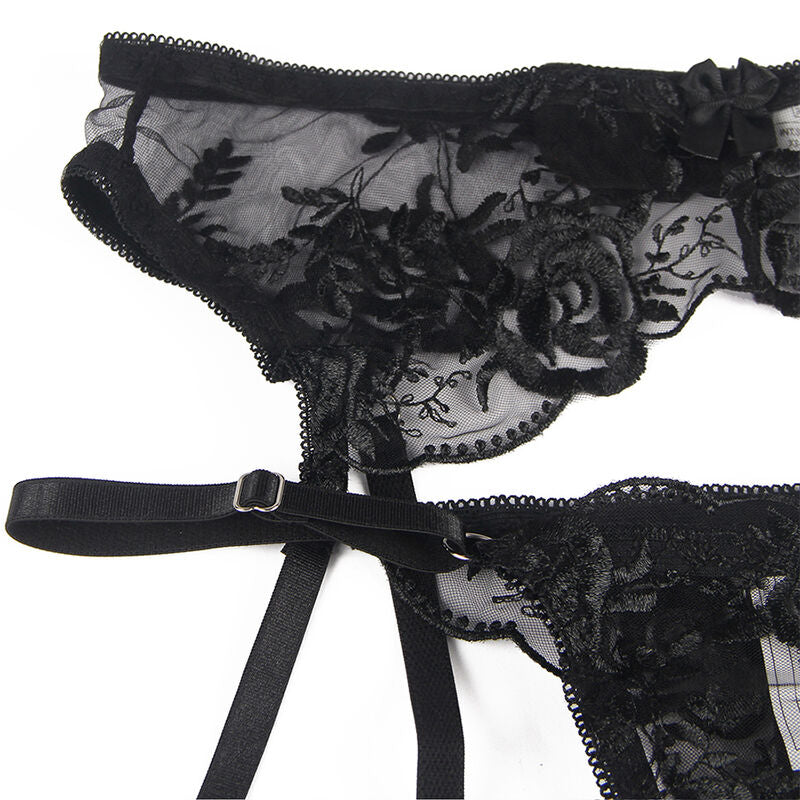 SUBBLIME - Set med 3 delar BH + Trosa + Strumpband Blommönster Svart S/M