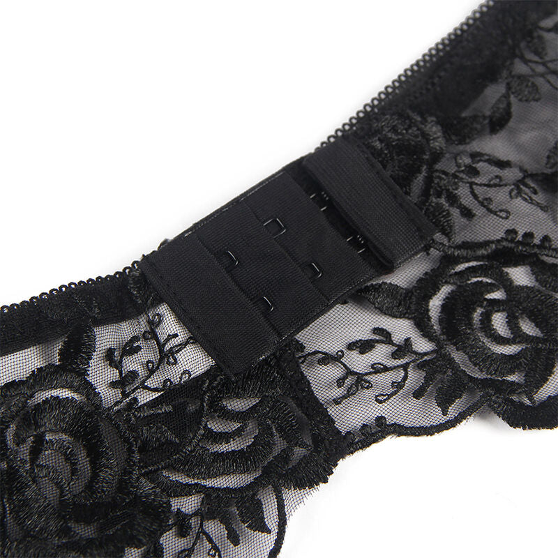 SUBBLIME - Set med 3 delar BH + Trosa + Strumpband Blommönster Svart S/M