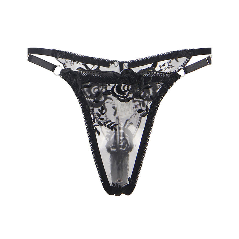 SUBBLIME - Set med 3 delar BH + Trosa + Strumpband Blommönster Svart S/M