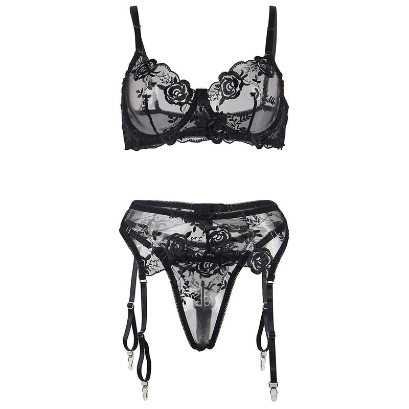 SUBBLIME - Set med 3 delar: BH + String + Strumpeband Blommönster Svart L/XL