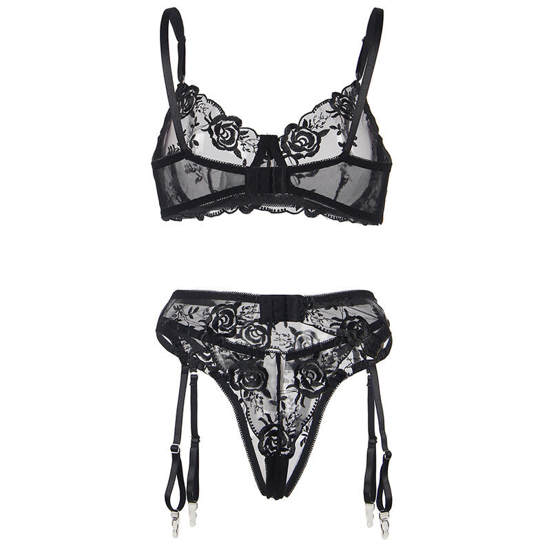 SUBBLIME - Set med 3 delar: BH + String + Strumpeband Blommönster Svart L/XL