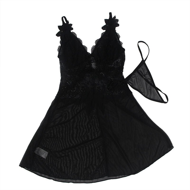 SUBBLIME - BABYDOLL TULLE MED SPETS OCH BLOMDEKORATION SVART S/M