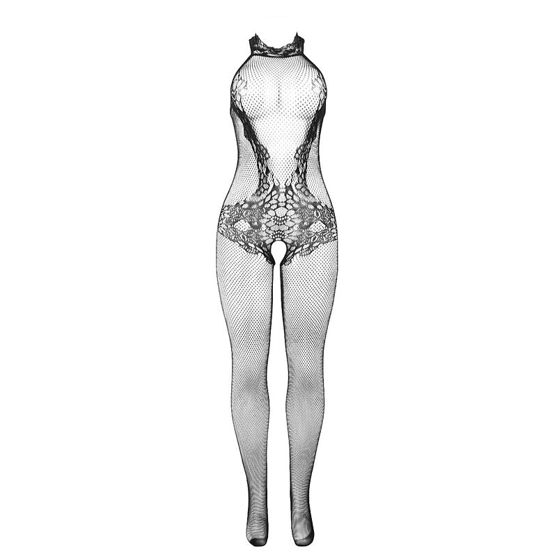 SUBBLIME - 951801 FISHNET OCH SPETS CROTCHLESS BODYSTOCKING MED HÖG KRAGE SVART EN STORLEK