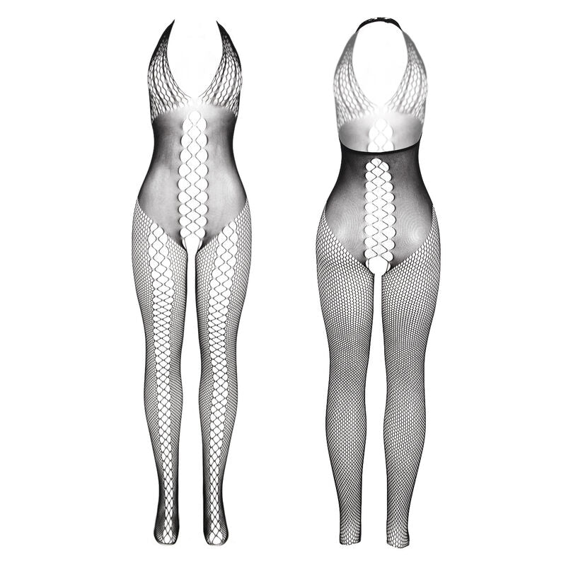 Svart bodystocking med öppen rygg och korsdetaljer