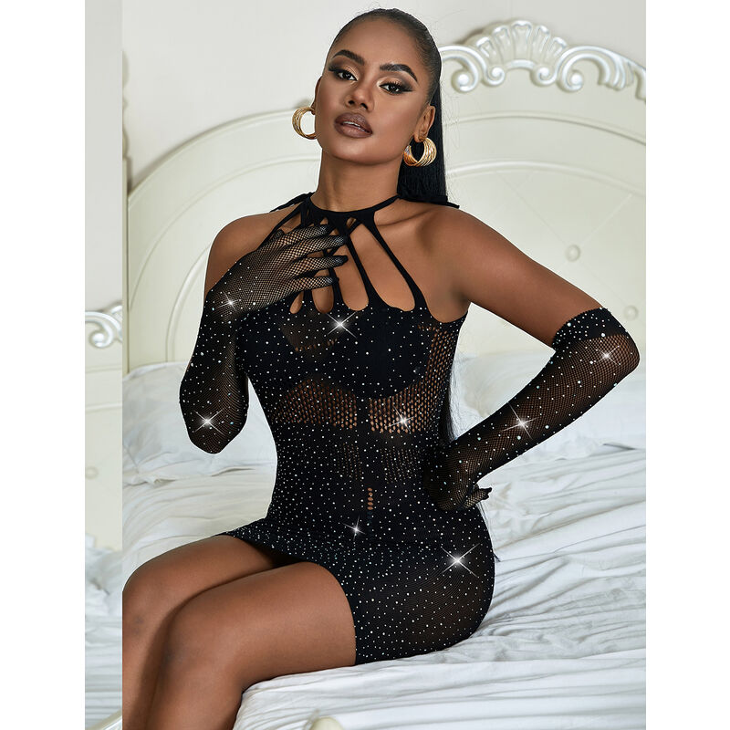 SUBBLIME - 952235 FISHNET KLÄNNING MED STRASS SVART EN STORLEK