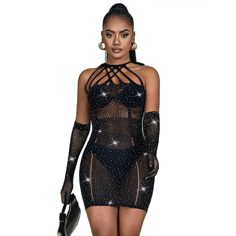 SUBBLIME - 952235 FISHNET KLÄNNING MED STRASS SVART EN STORLEK