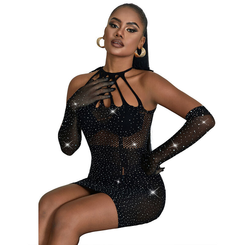 SUBBLIME - 952235 FISHNET KLÄNNING MED STRASS SVART EN STORLEK