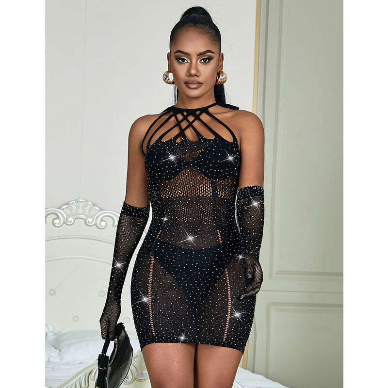 SUBBLIME - 952235 FISHNET KLÄNNING MED STRASS SVART EN STORLEK