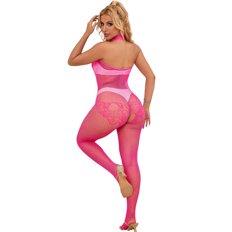 SUBBLIME - 952389 FISHNET OCH SPETS CROTCHLESS BODYSTOCKING MED HÖG KRAGE ROSA EN STORLEK