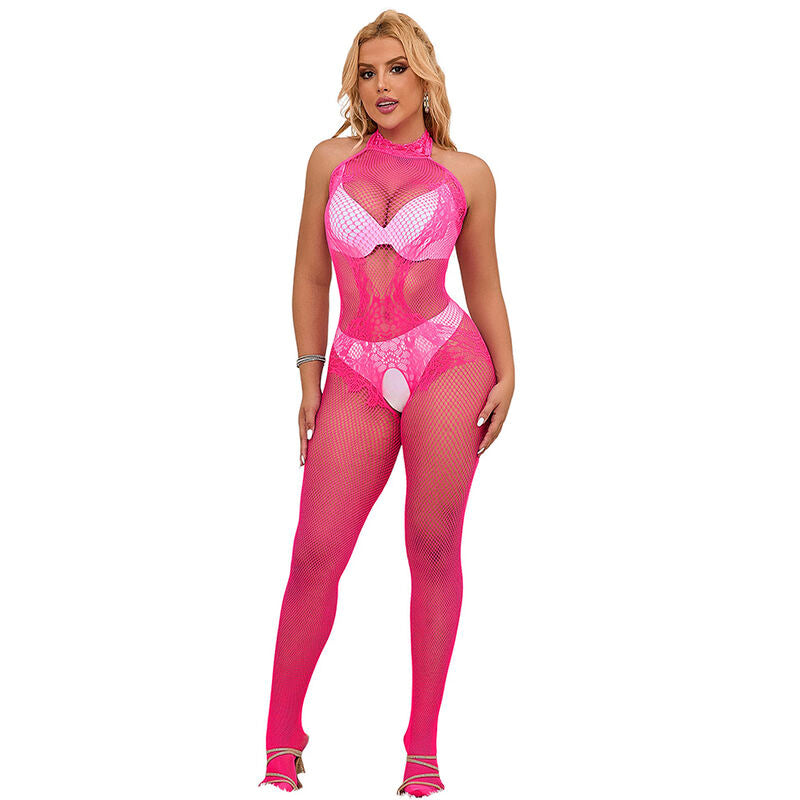 SUBBLIME - 952389 FISHNET OCH SPETS CROTCHLESS BODYSTOCKING MED HÖG KRAGE ROSA EN STORLEK