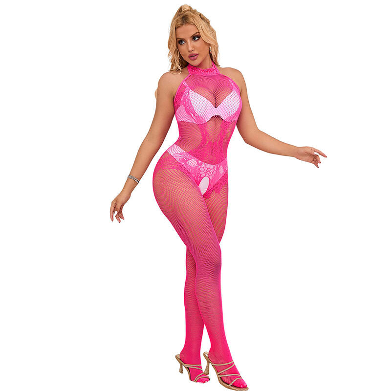 SUBBLIME - 952389 FISHNET OCH SPETS CROTCHLESS BODYSTOCKING MED HÖG KRAGE ROSA EN STORLEK