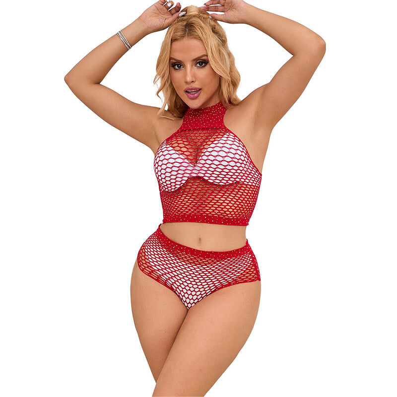 SUBBLIME Fishnet Set med rosa diamanter i en storlek