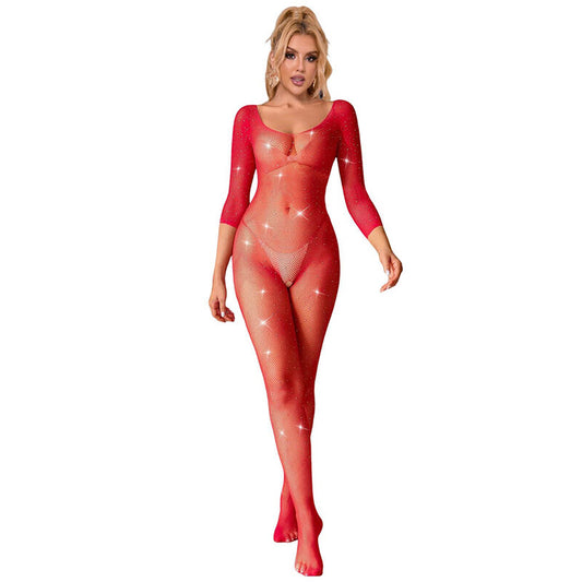 SUBBLIME - 952419 FISHNET BODYSTOCKING MED DIAMANTER LÅNG ÄRM RÖD XS/M