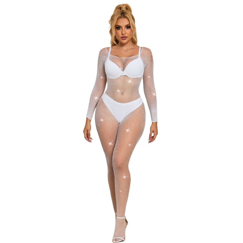 SUBBLIME - 952396 FISHNET BODYSTOCKING MED DIAMANTER LÅNG ÄRM VIT EN STORLEK