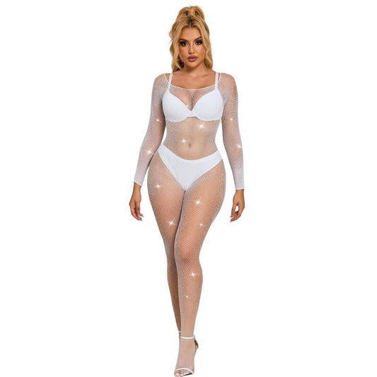 SUBBLIME - 952396 FISHNET BODYSTOCKING MED DIAMANTER LÅNG ÄRM VIT EN STORLEK