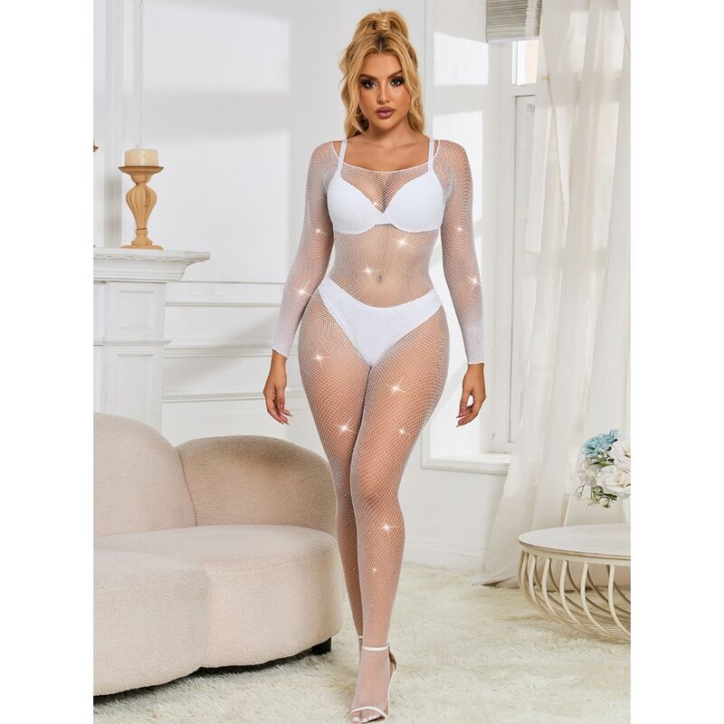 SUBBLIME - 952396 FISHNET BODYSTOCKING MED DIAMANTER LÅNG ÄRM VIT EN STORLEK