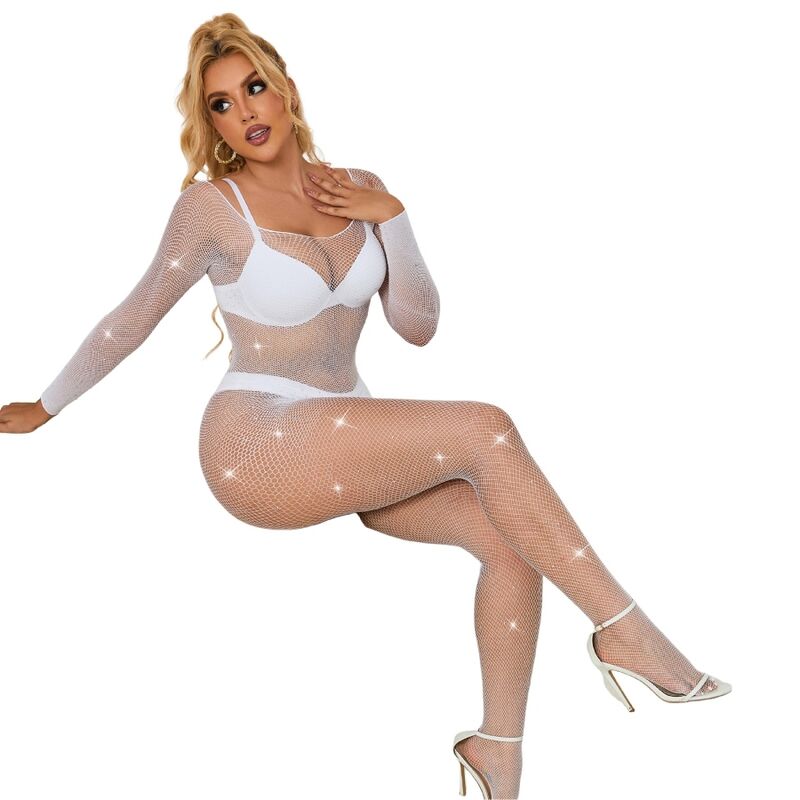 SUBBLIME - 952396 FISHNET BODYSTOCKING MED DIAMANTER LÅNG ÄRM VIT EN STORLEK